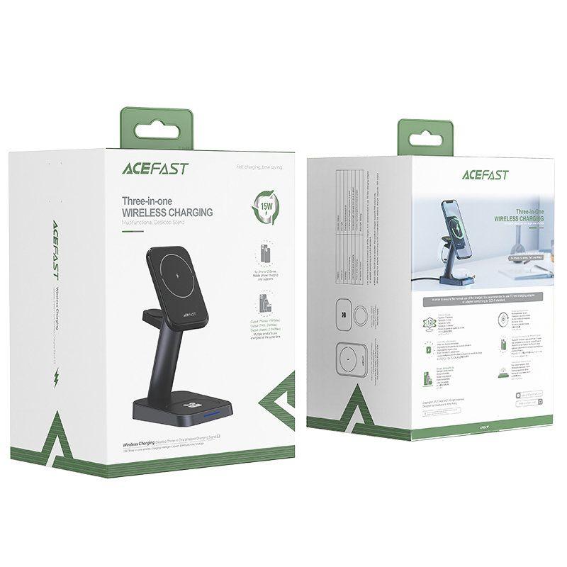 Acefast bezprzewodowa ładowarka 3w1 Qi 15W do iPhone (z MagSafe), Apple Watch i Apple AirPods stojak podstawka uchwyt magnetyczny czarny