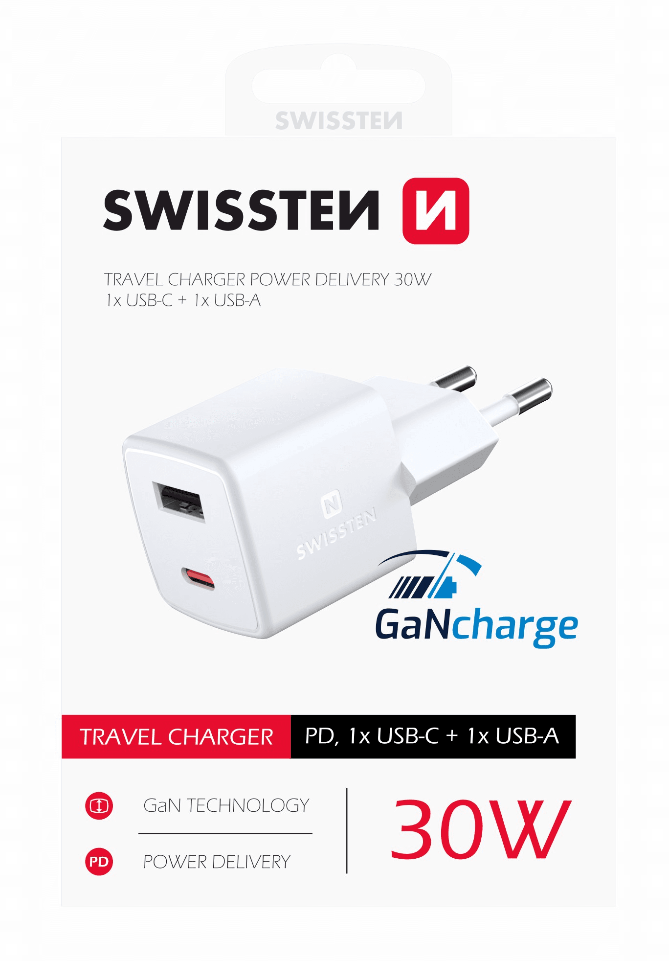 SWISSTEN MINI GaN TRAVEL CHARGER 1x USB-C + 1xUSB 30W POWER DELIVERY