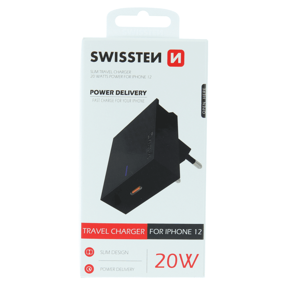 Swissten síťová nabíječka 20W pro iPhone černá se stojánkem