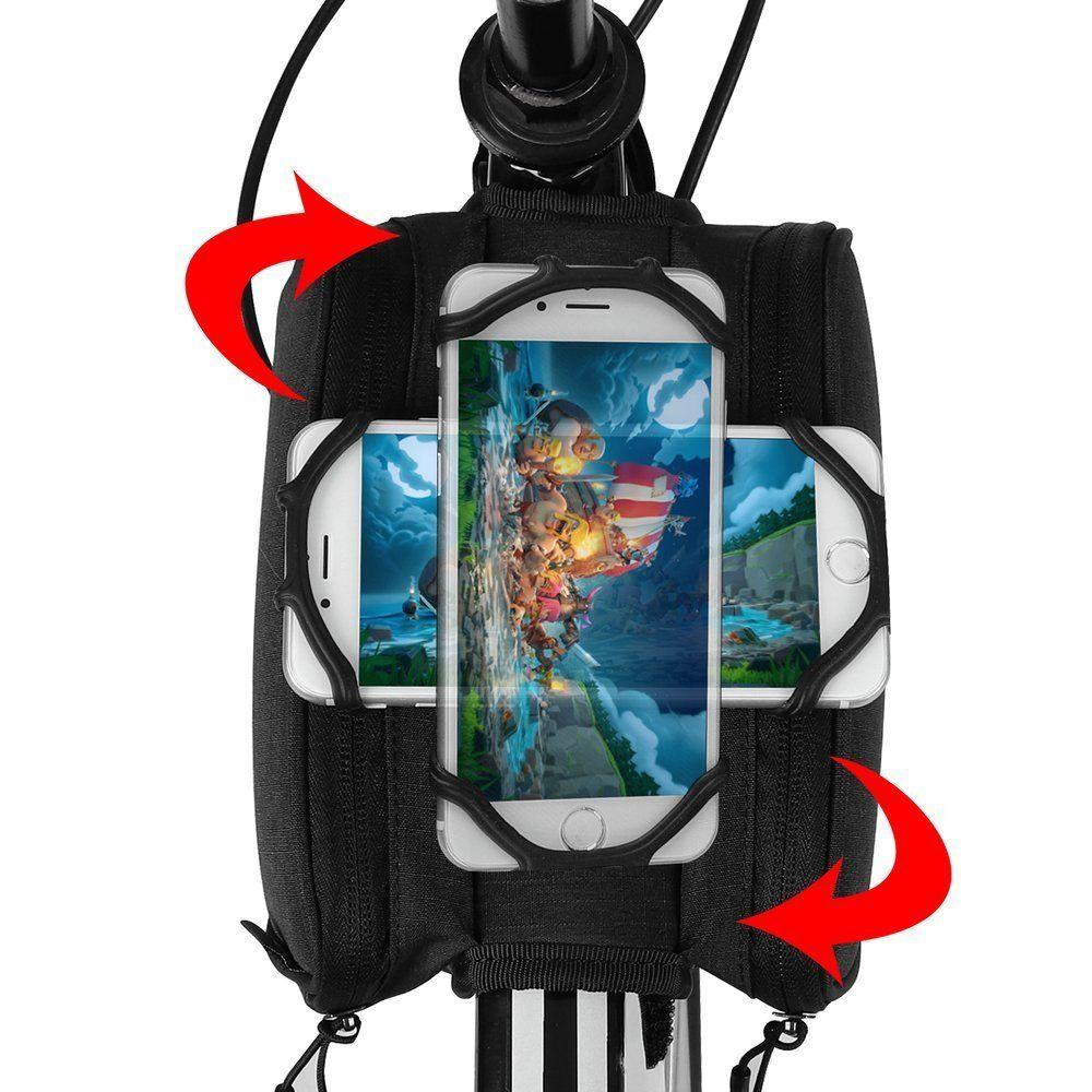 Přední úložná taška polyesterová na kolo Wozinsky na rám s praktickým držákem telefonu 6,5palce max 1,5 L černý WBB14BK voděodolná