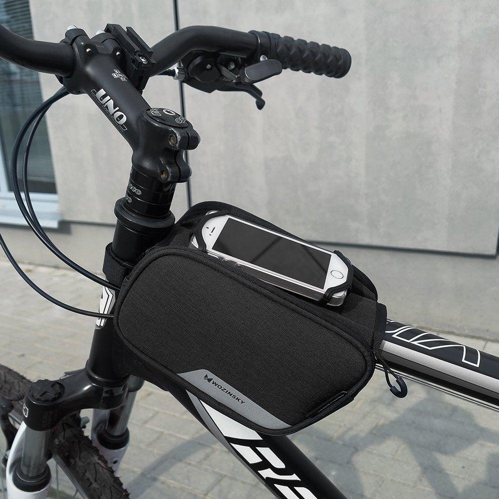 Přední úložná taška polyesterová na kolo Wozinsky na rám s praktickým držákem telefonu 6,5palce max 1,5 L černý WBB14BK voděodolná