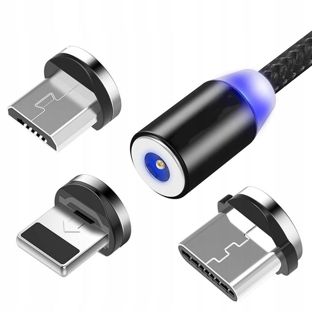 Kabel 3 w 1 magnetyczny 2m Micro USC/USB-C/ Lightning czarny