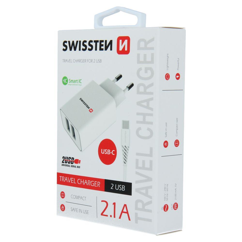 Swissten síťová nabíječka Smart IC 2x USB 2,1A power + USB datový kabel TYP-C 1,2m bílý