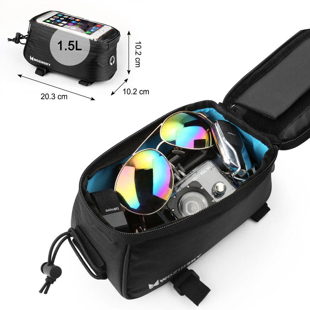 Cyklistická voděodolná rámová taška na kolo kryt telefonu do 6,5'' 1,5L černá od zn. Wozinsky s výstupem na lsuchátka mini Jack 3,5mm - 20,3 x 10,2 x 10,2 cm
