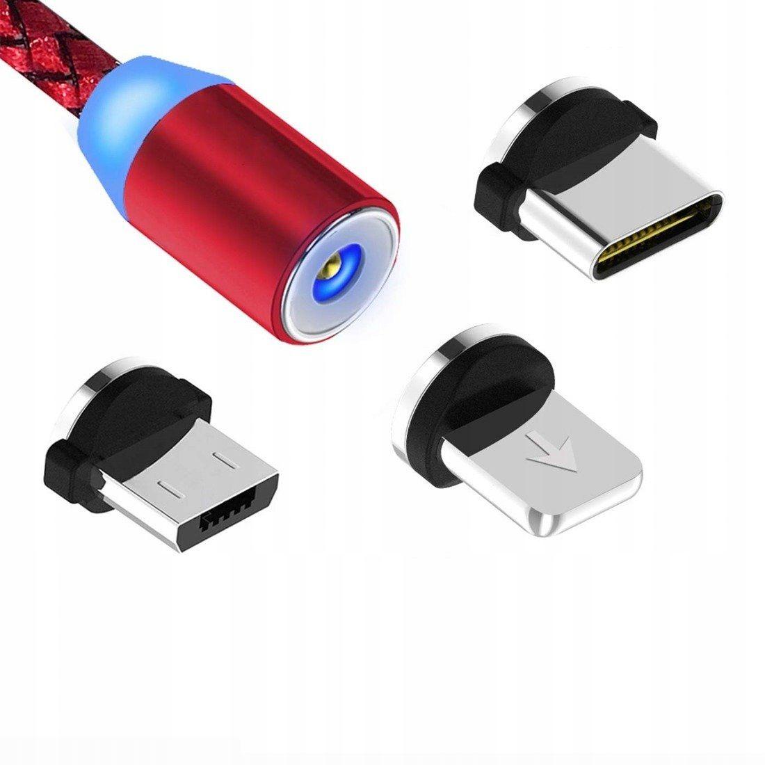 3v1 magnetický kabel 2m Micro USB / USB-C / Lightning červený