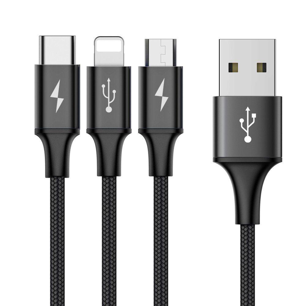 Baseus Rapid kabel 3w1 USB - micro USB / Lightning / USB-C w nylonowym oplocie 3A 1,2M czarny (CAMLT-SU01)