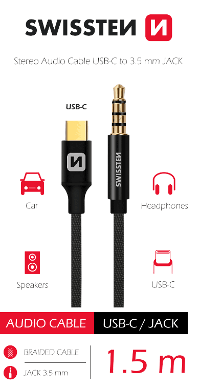 Swissten textilní audio kabel – adaptér USB-C - 3,5 mm Jack 1,5 m černý