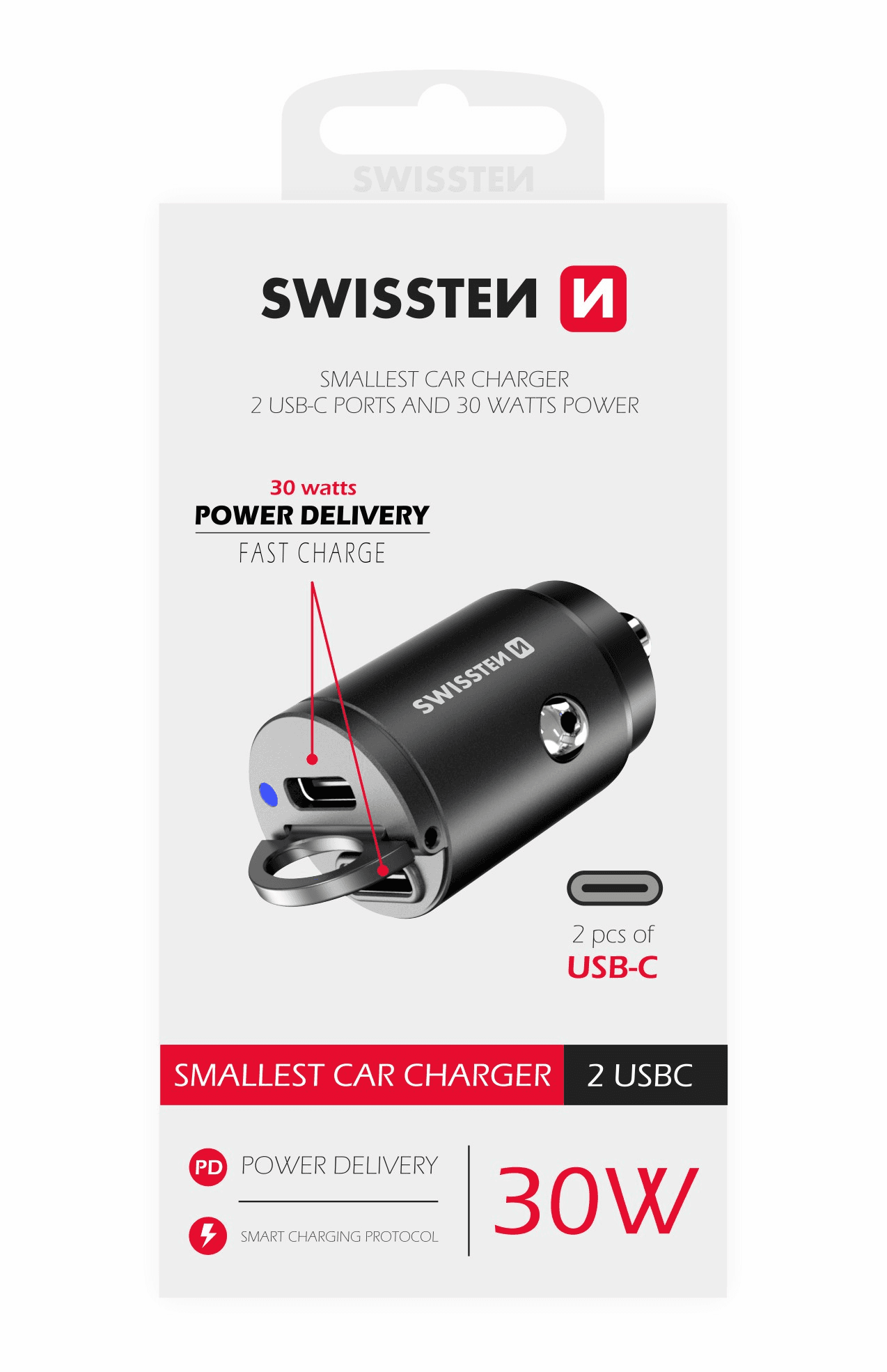 Swissten autonabíječka power delivery 2x USB-C 30W Nano černý adaptér do auta