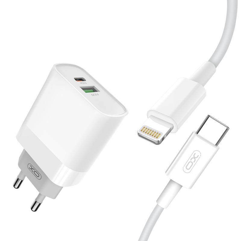 XO wall charger L64 PD QC3.0 20W 1x USB 1x USB-C white + USB-C - Lightning cable