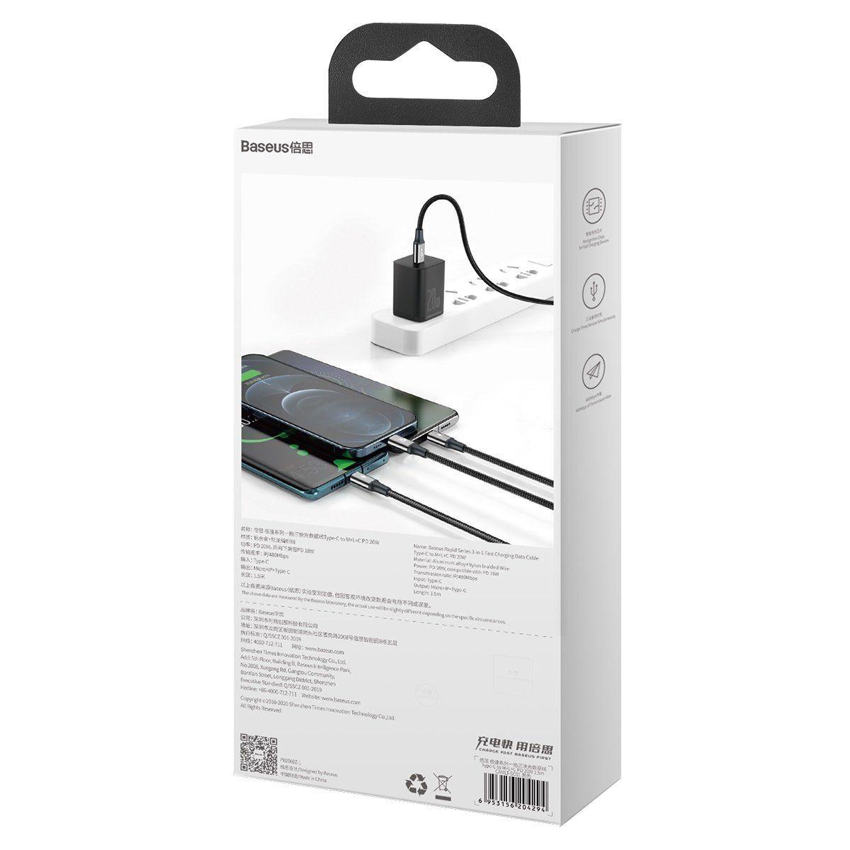 Baseus rapid 3V1 USB Typ-C - USB Typ-C - Lightning - MicroUSB kabel 20W 1,5m černý