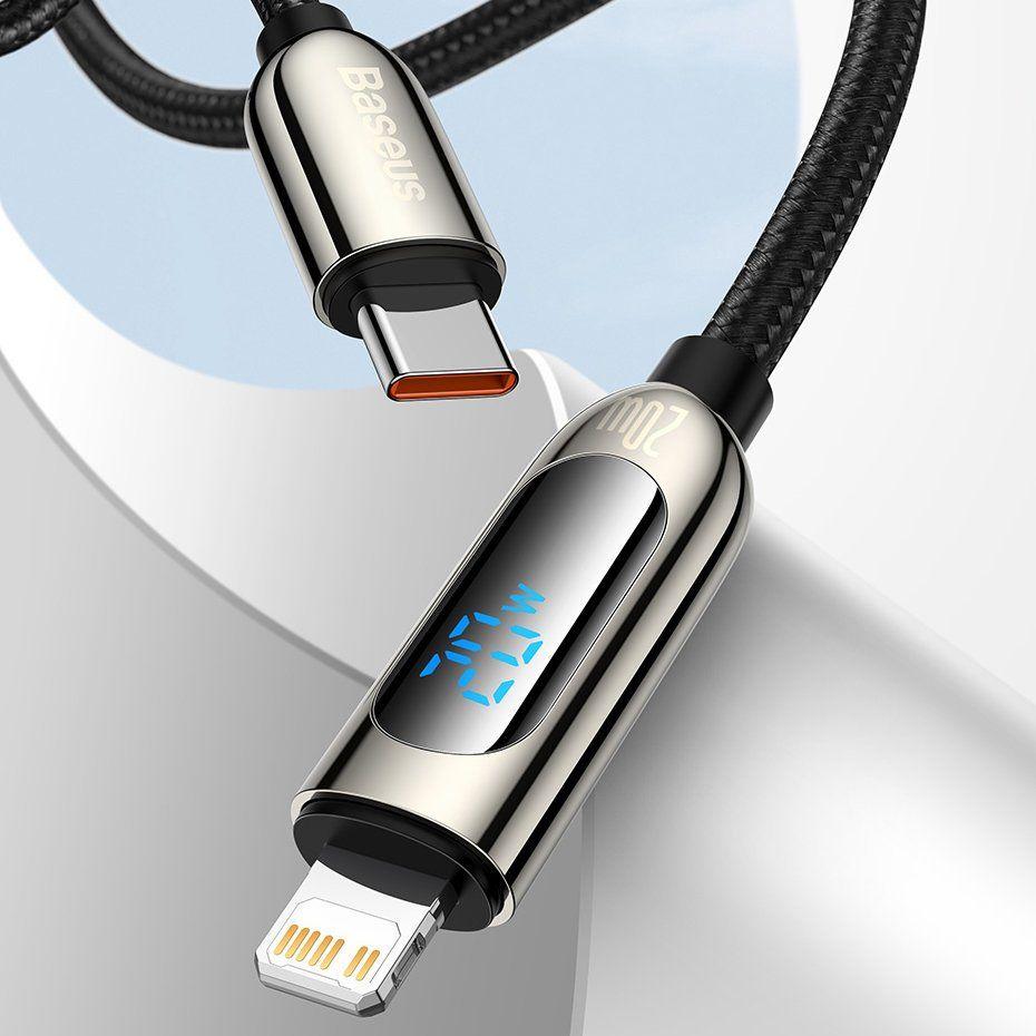 Baseus kabel do szybkiego ładowania USB Typ C - Lightning 20W Power Delivery z wyświetlaczem ekranem miernik mocy 2m czarny (CATLSK-A01)