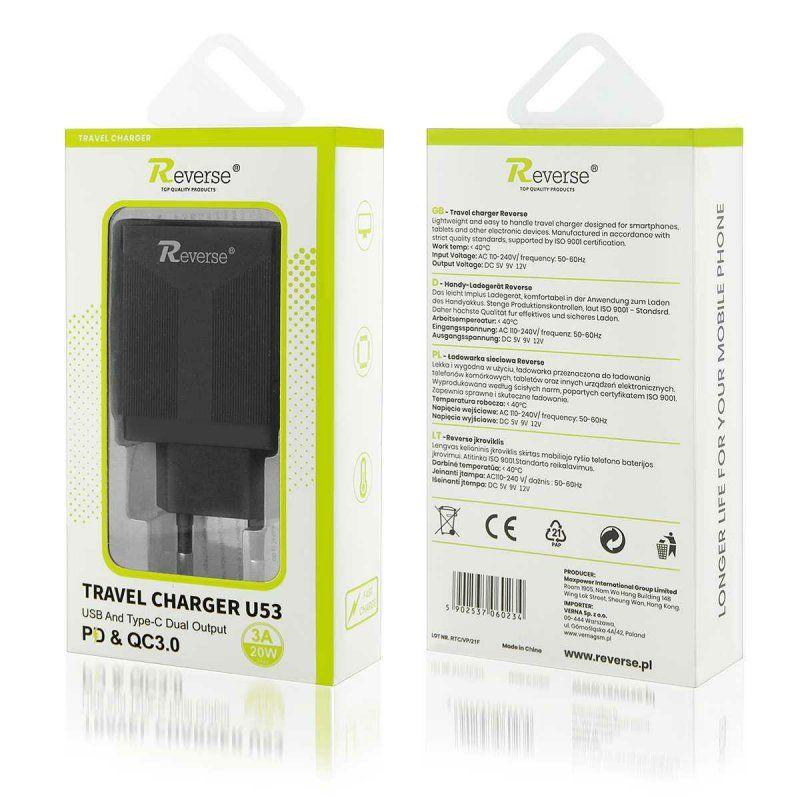 Charger REVERSE U53 USB with lcd + TYPE C 3A 20W PD black