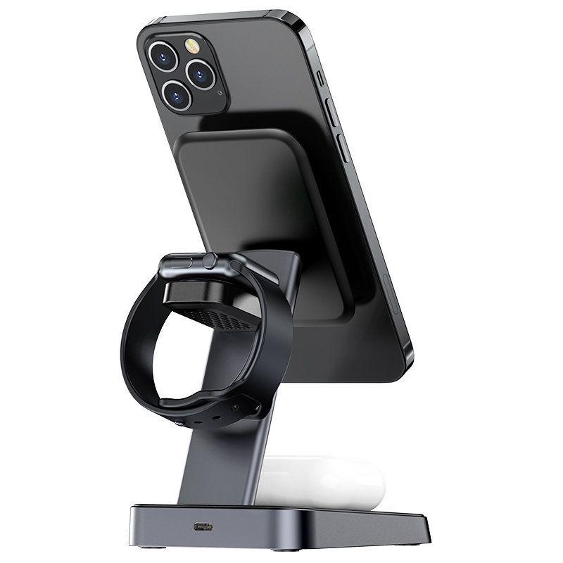 Acefast bezprzewodowa ładowarka 3w1 Qi 15W do iPhone (z MagSafe), Apple Watch i Apple AirPods stojak podstawka uchwyt magnetyczny czarny