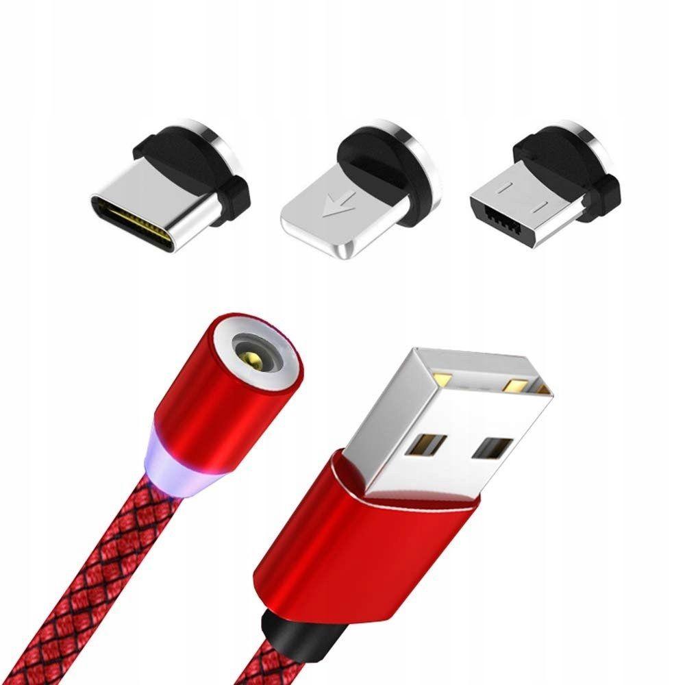 Kabel 3 w 1 magnetyczny 2m Micro USB/USB-C/ Lightning czerwony