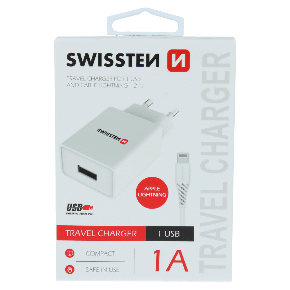 SWISSTEN TRAVEL CHARGER SMART IC WITH 1x USB 1A POWER + DATA CABLE USB / LIGHTNING 1,2 M WHITE
