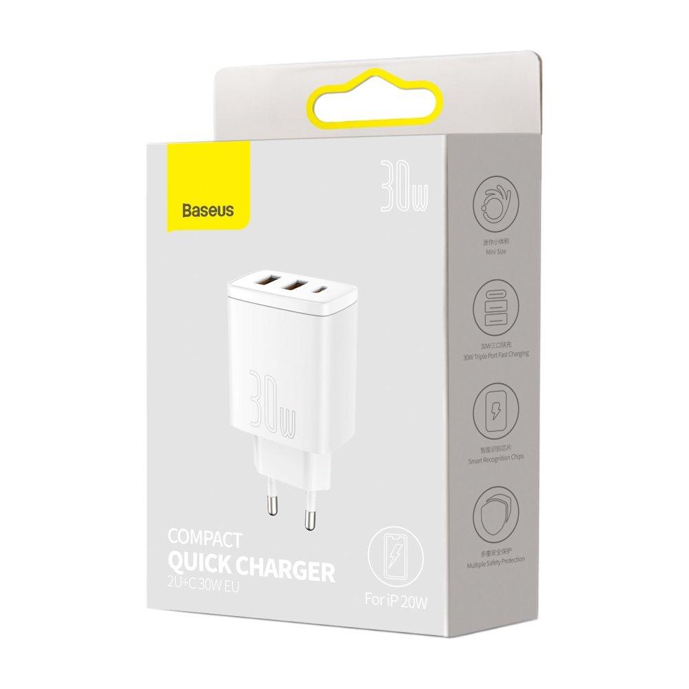 Baseus Compact quick charger USB Type C / 2x USB 30W 3A Power Delivery Quick Charge white (CCXJ-E02)