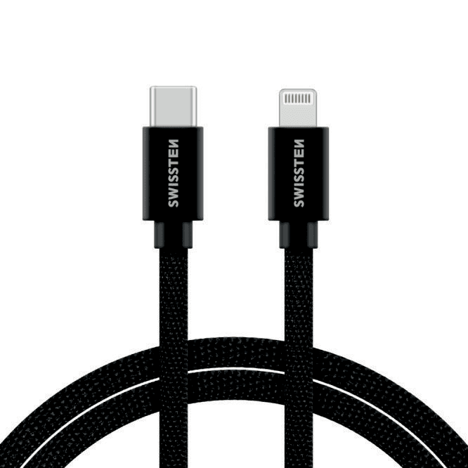 Swissten datový textilní USB kabel USB-C - Lightning 1.2m černý