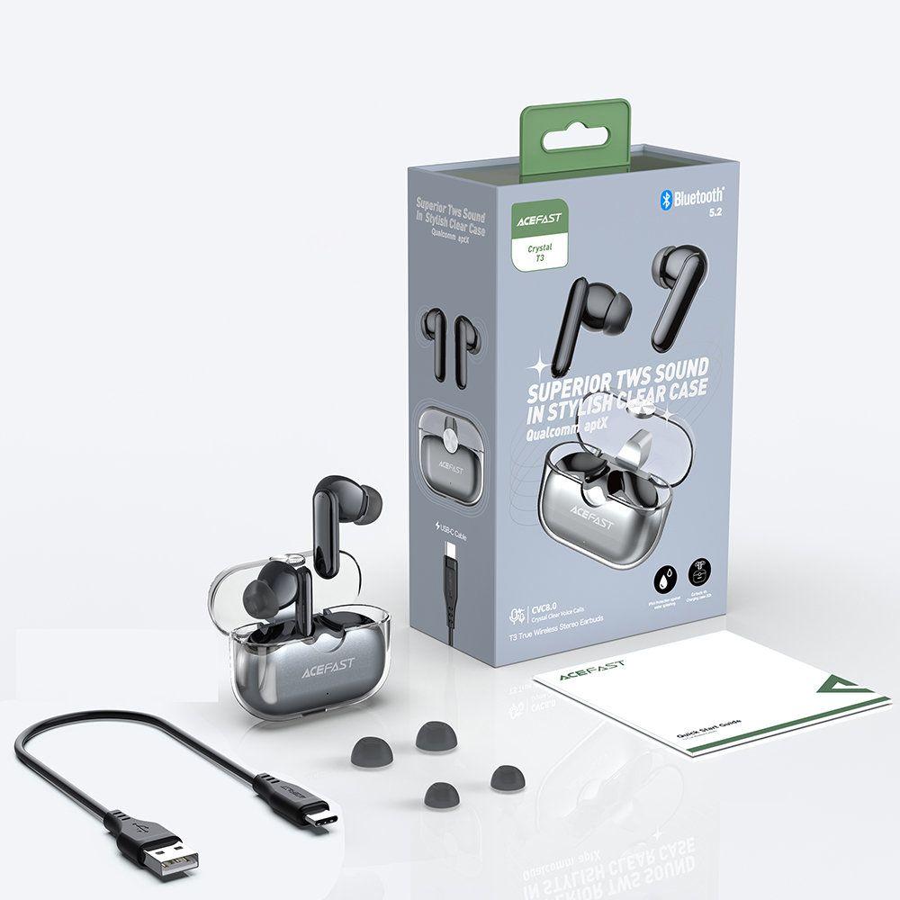 Acefast dokanałowe słuchawki bezprzewodowe TWS Bluetooth 5.2, cVc 8.0, aptX, wodoodporne IPX7 czarny (T3 black)