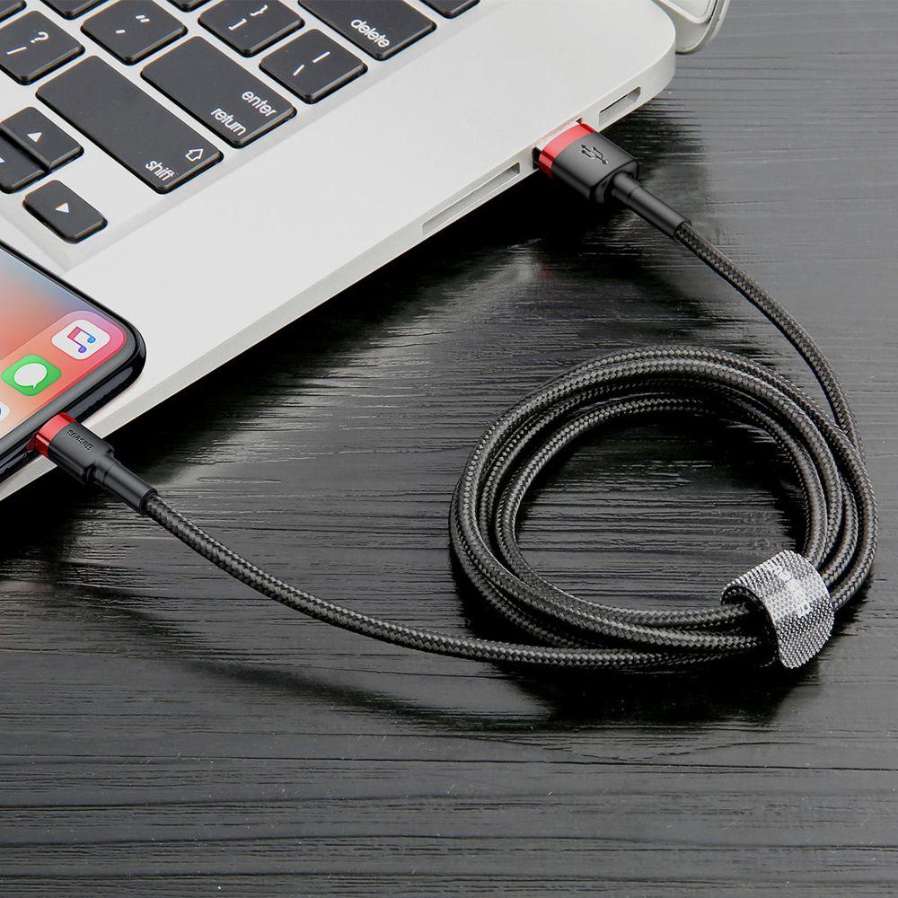 Baseus Cafule Cable wytrzymały nylonowy kabel przewód USB / Lightning QC3.0 1.5A 2M czarno-czerwony (CALKLF-C19)
