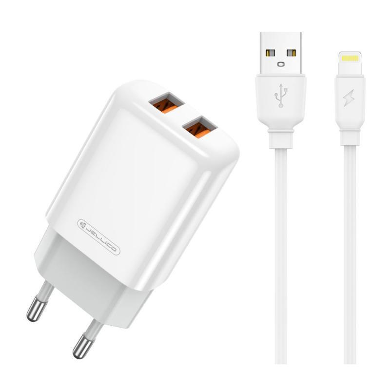 Jellico síťová nabíječka - EU02 2,4A 2x USB + lightning kabel sada bílá
