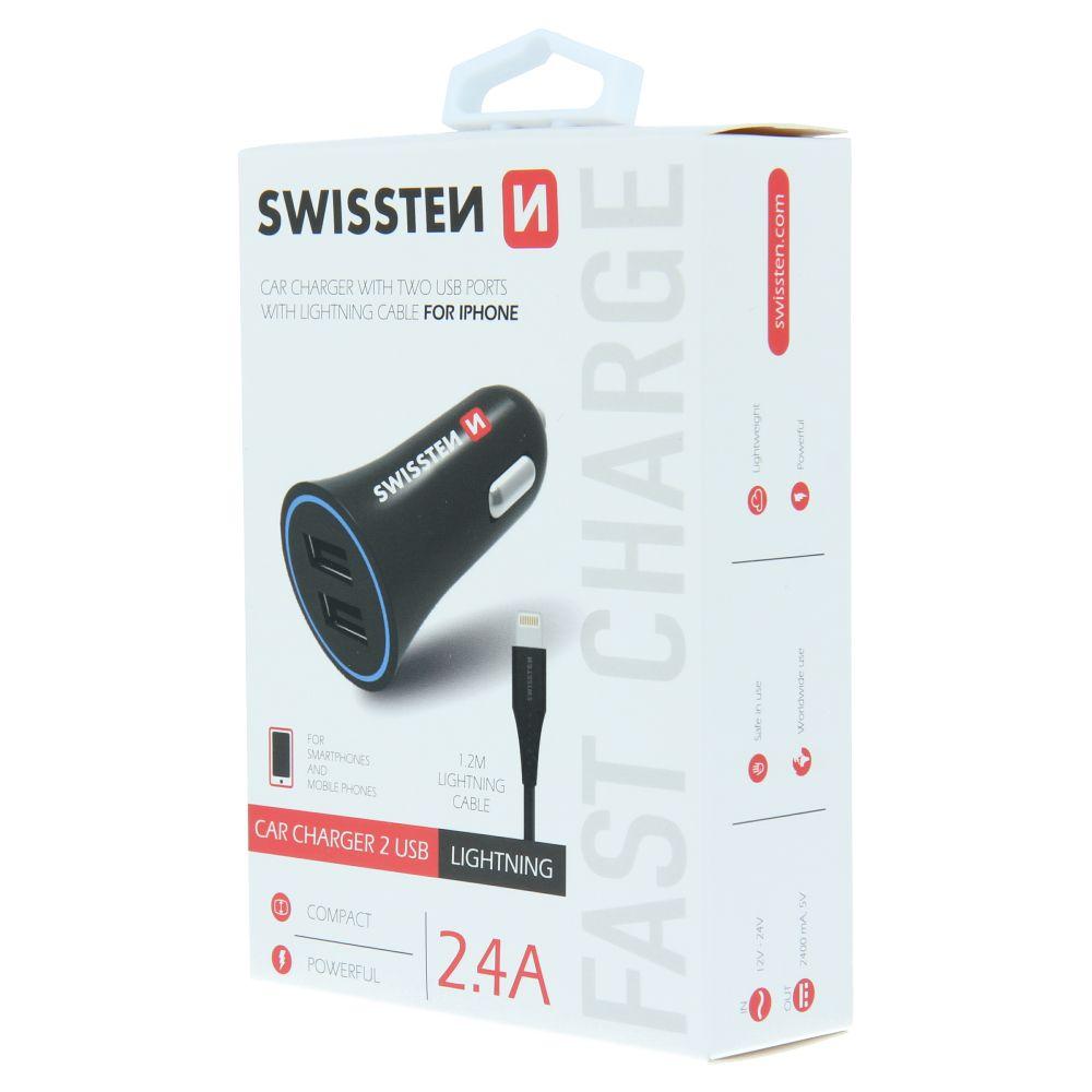 SWISSTEN CAR CHARGER 2,4A POWER WITH 2x USB + CABLE LIGHTNING