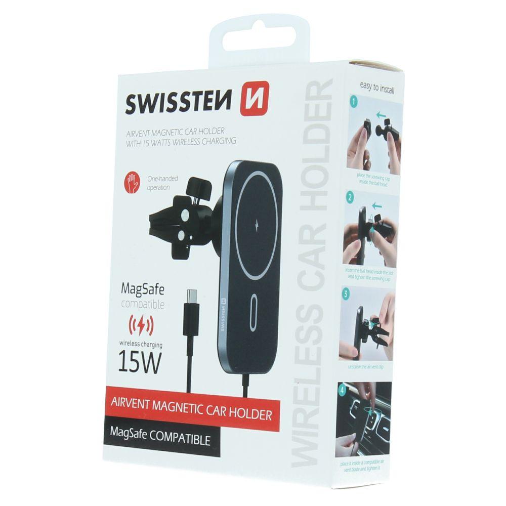 Swissten Magnetický držák na ventilační mřížku s bezdrátovým nabíjením - Magnetický držák s vysokým výkonem a kompatibilitou s MagSafe a Qi nabíjením (15W)