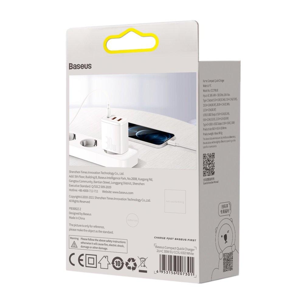 Baseus Compact síťová rychlonabíječka 2x USB / USB Typ C 30W 3A Power Delivery Quick Charge bílá CCXJ-E02