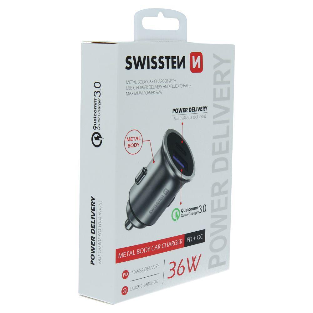 Swissten autonabíječka do auta USB-C + rychlé nabíjení 3.0 36W kovově stříbrná - adaptér do auta