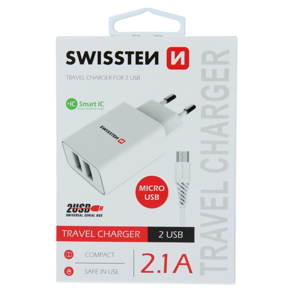 Swissten cestovní síťová nabíječka Smart IC WITH 2x USB 2,1A Power + data kabel USB / Micro USB 1,2 m bílý