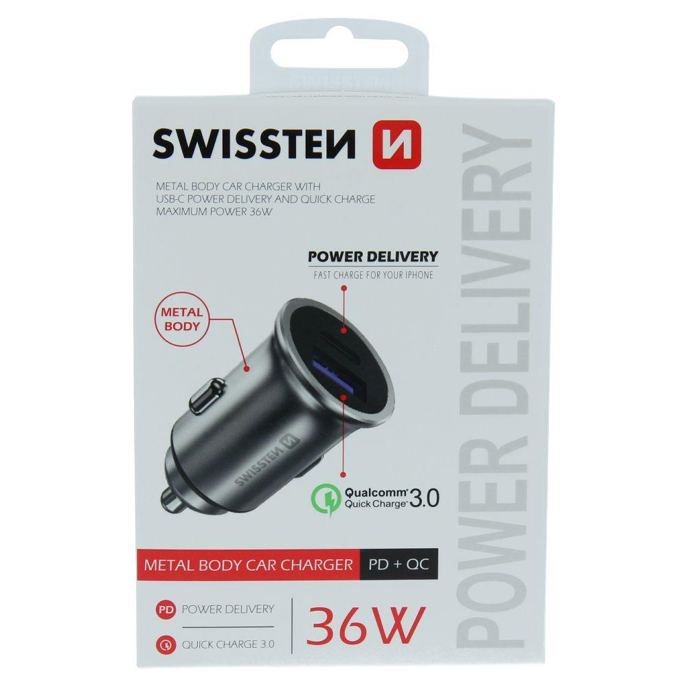 Swissten autonabíječka do auta USB-C + rychlé nabíjení 3.0 36W kovově stříbrná - adaptér do auta