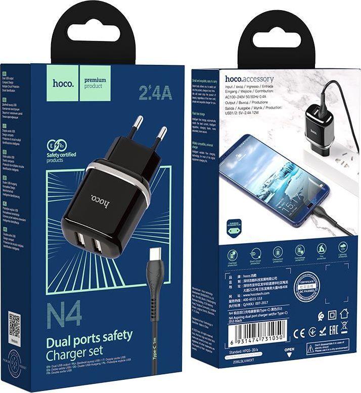 HOCO Ładowarka sieciowa - N4 2.4A 2 x USB + kabel USB-C zestaw czarny