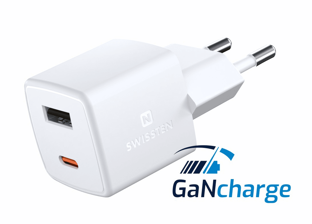 Swissten mini GaN síťová nabíječka 1x USB-C + 1xUSB 30W Power delivery