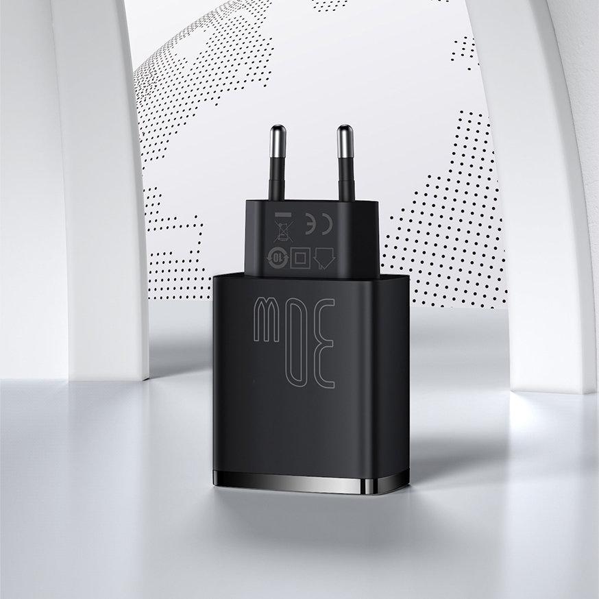 Baseus Kompaktní rychlá nabíječka 2x USB / USB Typ C 30W 3A napájení Quick Charge černá CCXJ-E01